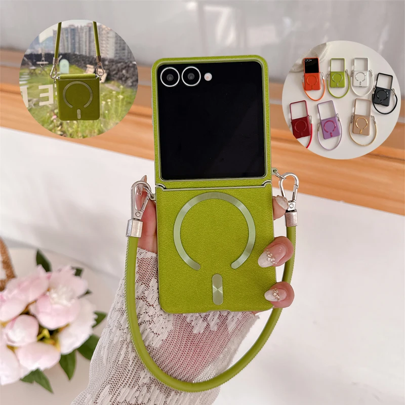 Enhanced Leather Magnetic Cover with Wristband and Lanyard for Seamless Wireless Charging