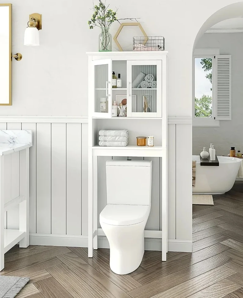 

Over The Toilet Cabinet for Bathroom Storage, Above Toilet Storage Cabinet with Moru Tempered Glass Doors, White