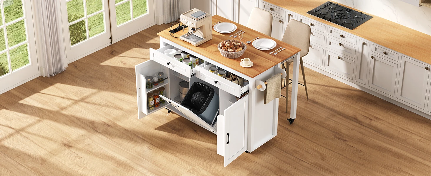 Mobile Kücheninsel auf Rollen mit ausziehbarem Essbereich,Arbeitsplatte,Abfallfach&Steckdosenleiste–ideal für Küche&Esszimmer – Detail 2