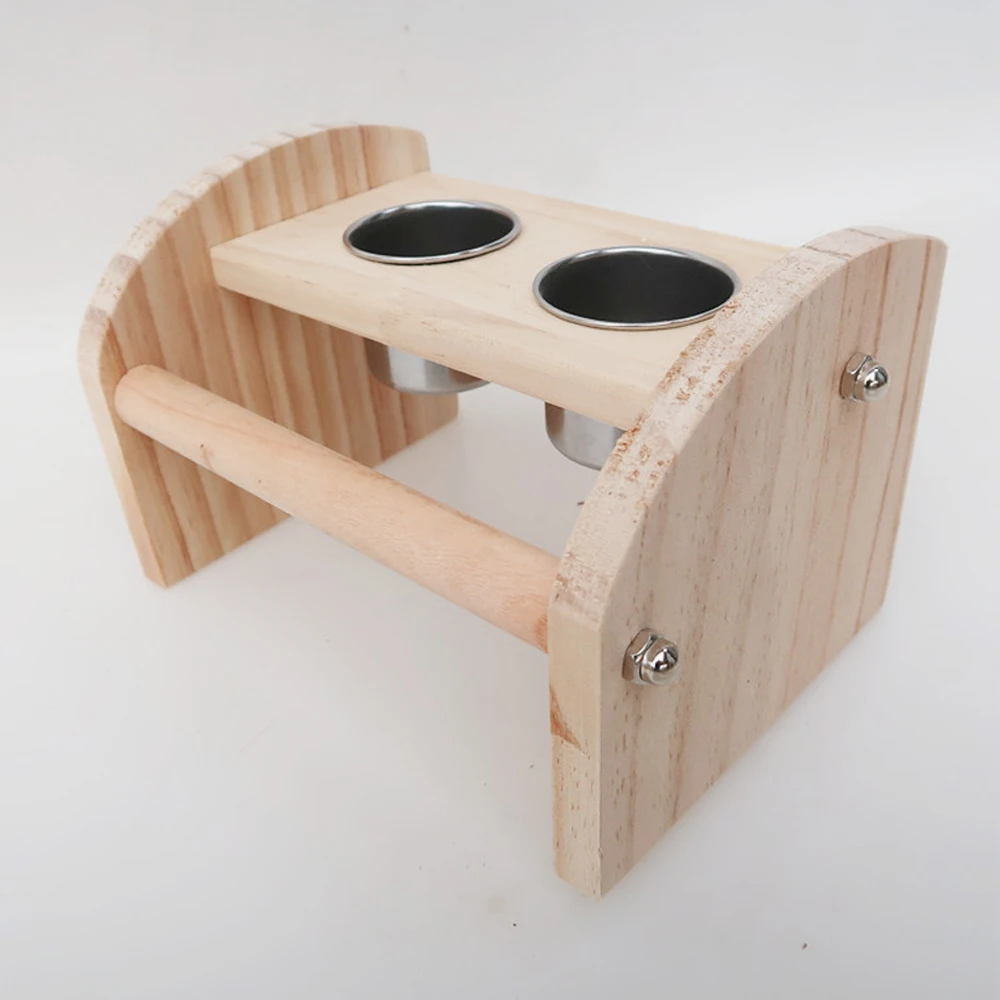 1 pc Wood Bird Standing Board Toy with Stainless Steel Bowls Bird Perch Feeding Cups for Small Animals Parrot Cage Supplies