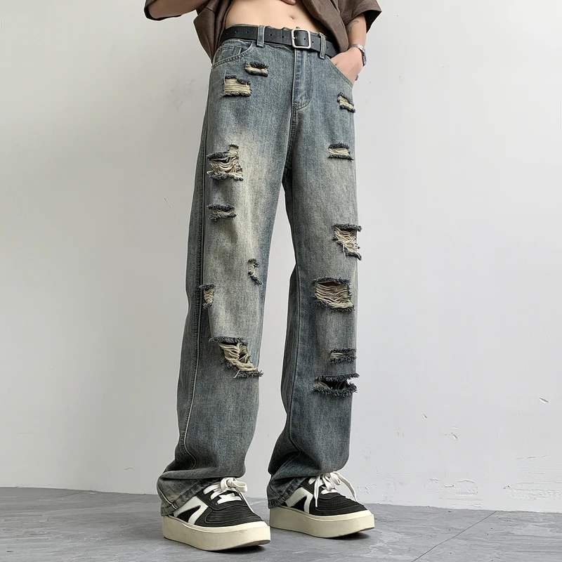 Y2K Style Straight Jeans Men's Fashion Ripped Street Casual Wide Leg Jeans Women's 2024 Summer Retro Blue Loose Pants Hip-Hop