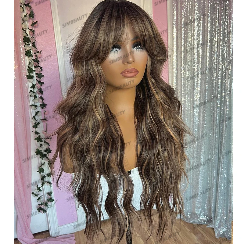 

HIghlight Bayalage Blonde Human Hair Glueless Full Lace Wigs Natural Hairline With Bangs Pre Plucked Fringe Long Wavy 360 Wigs