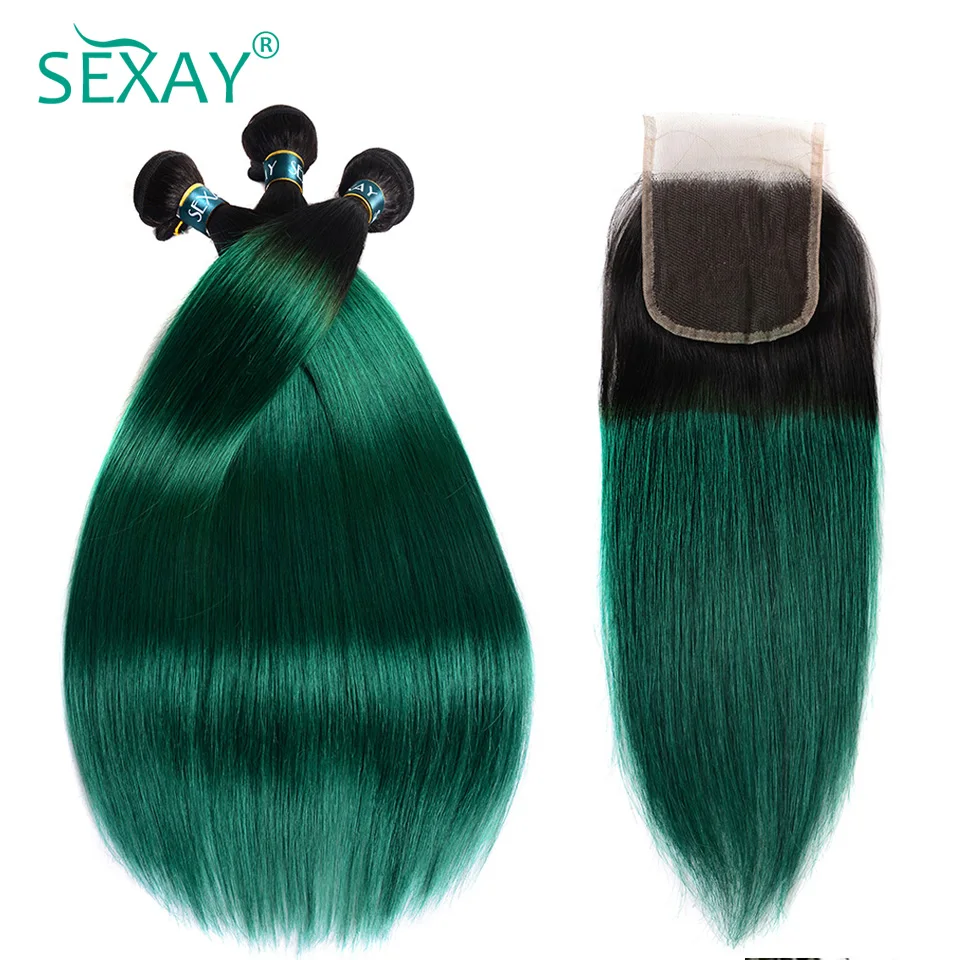 Sexay Turquoise Straight Bundles With Closure Ombre Green Brazilian Human Hair Weave Bundles With 4x4 Lace Closure Middle Part