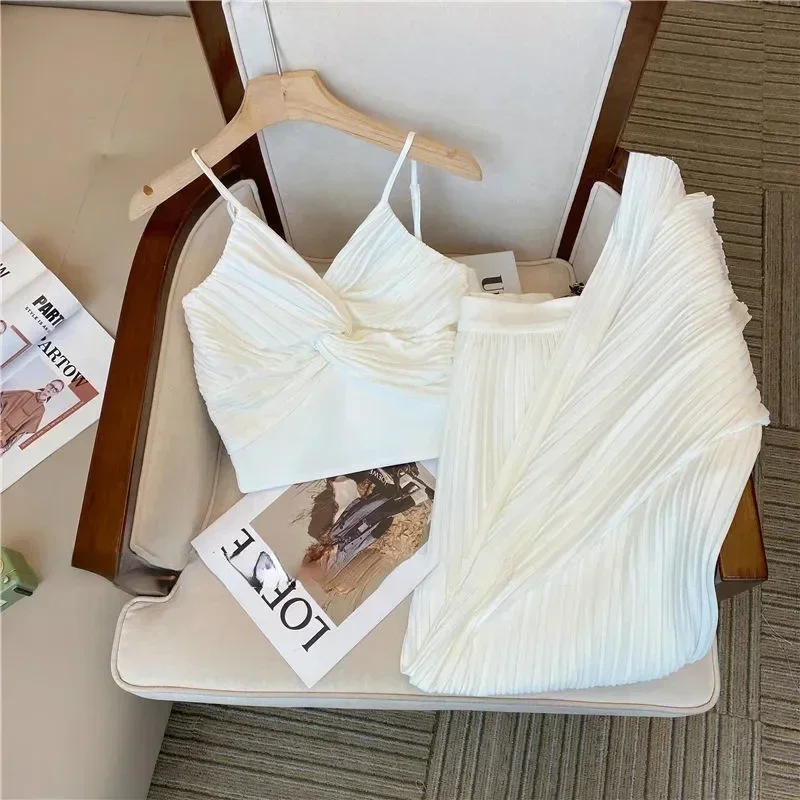 

Korean Version Sweet and Spicy High-end Women's Suit 2022 Summer New Sleeveless Suspender High and Wide Leg Pants Two-piece Suit