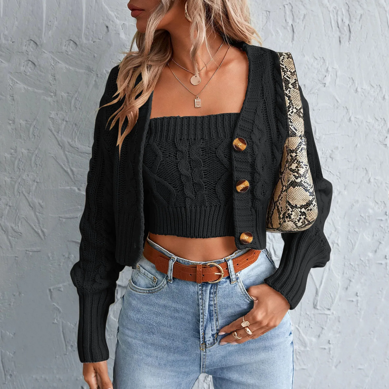 

Women Loose Long Sleeve Knit Button Down Cardigan Sweaters 2 Pieces Sweatshirt Pullove Crop Top Sets