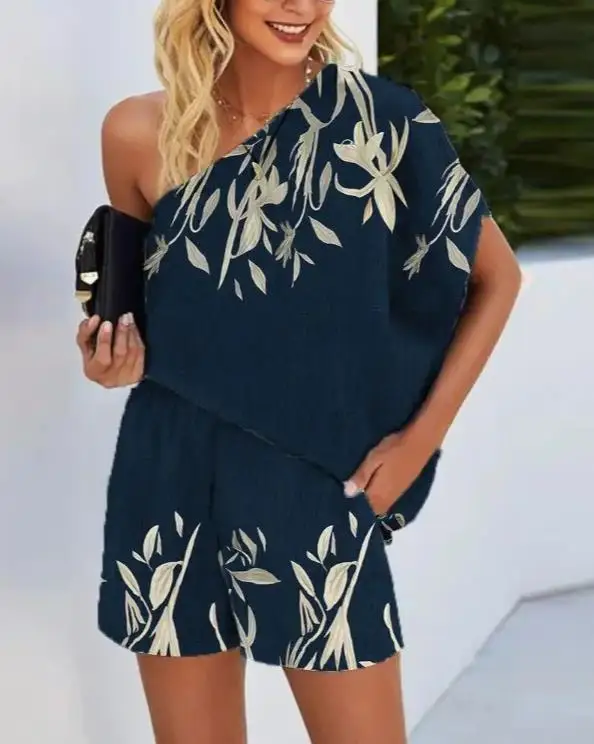 Two piece set women fashion plants print one shoulder top & shorts set 2022 woman summer new casual loose suit