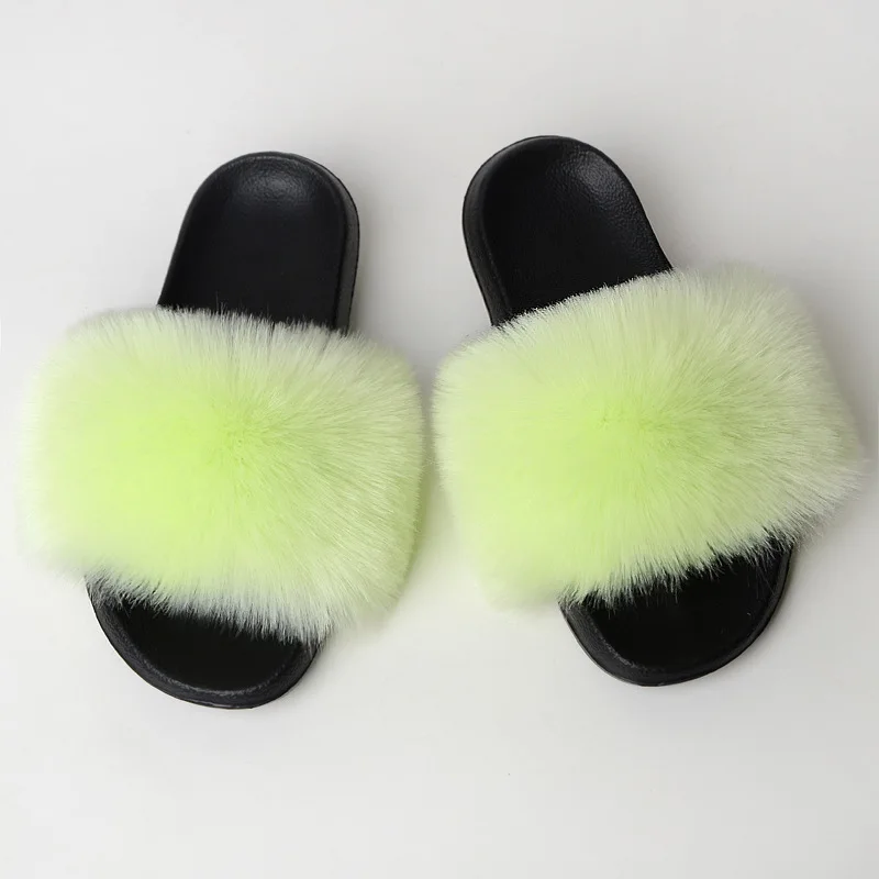 Summer Faux Fur Slides Women Furry Flat Ladies Casual Fox Fur Slippers Fashion Soft EVA Soles Fuzzy Beach Sandals Flip Flops