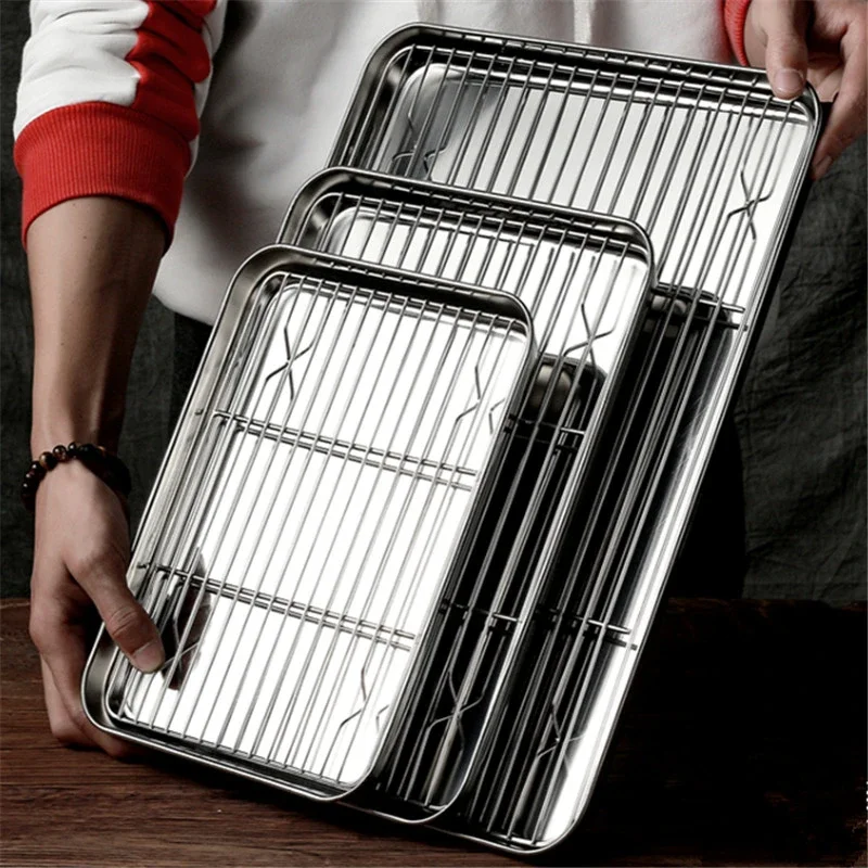 Baking Tray With Wire Rack Set 304 Stainless Steel Baking Sheet Pan BBQ  Tray Oven Rack