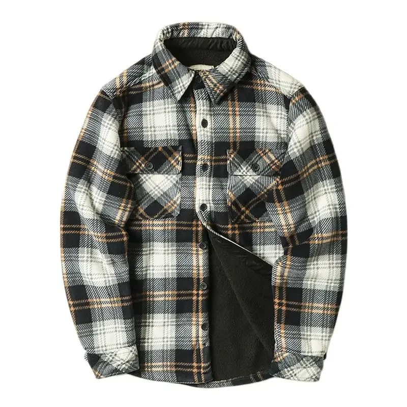 Winter Men Shirt Warm Long Sleeve Shirt Jacket Fleece Plaid Flannel Shirt Outdoor Thermal Casual Coat Hiking Fishing Shirts