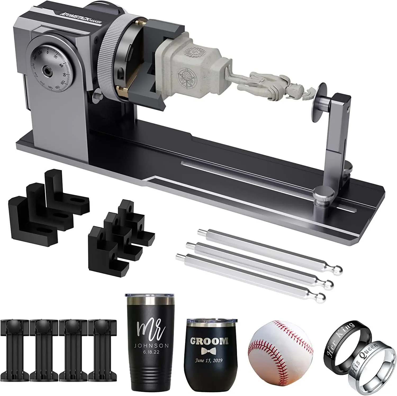 

ATOMSTACK R1 Laser Rotary Roller 3-in-1 With Risers 180° Angle Adjustment Jaw Roller For Cylindrical Box Wine Glass Tumbler Ring