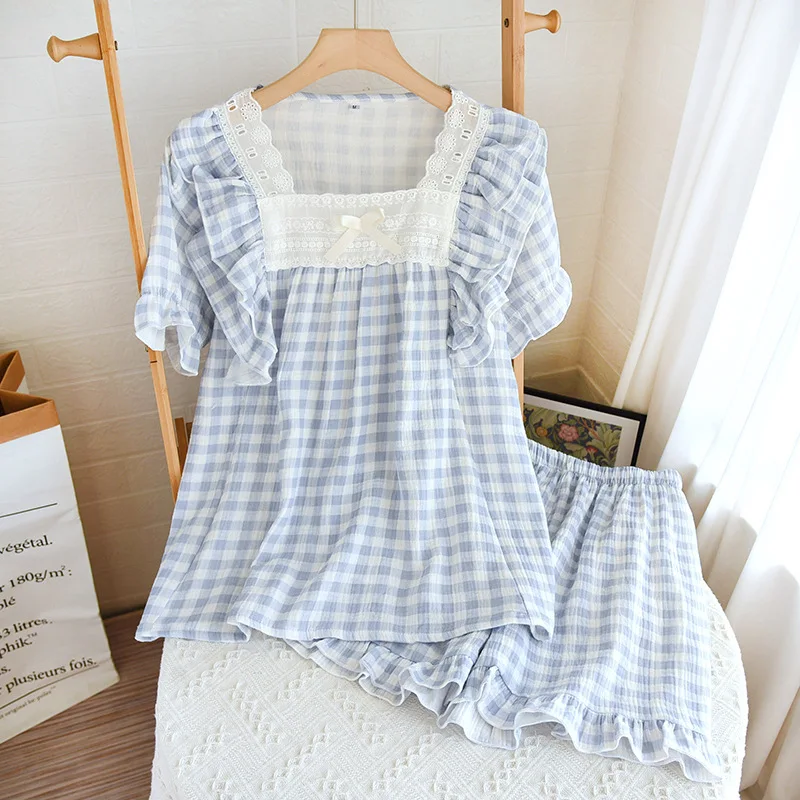 

Summer Lace Plaid Pajamas Set for Women Cartoon Print Short-sleeved Top and Shorts Student Style Cotton Home Clothing Suit