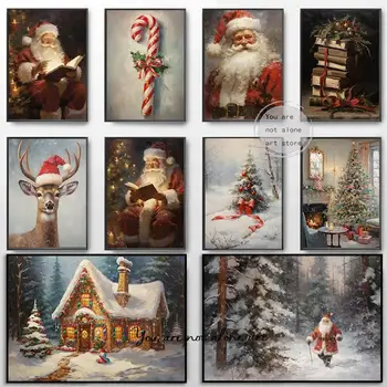 Festive Vintage Christmas Santa Winter Scene Canvas Art Prints Holiday Wall Decor with Tree Deer Snowman Perfect Seasonal Hom
