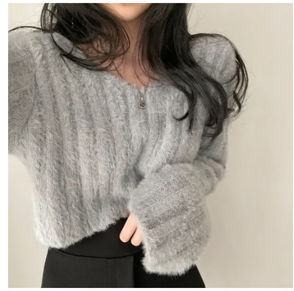 

Cropped Pullovers Women Autumn Princess Soft Chic Tender All-match Korean Style Girlish V-Neck Vacation Stylish New