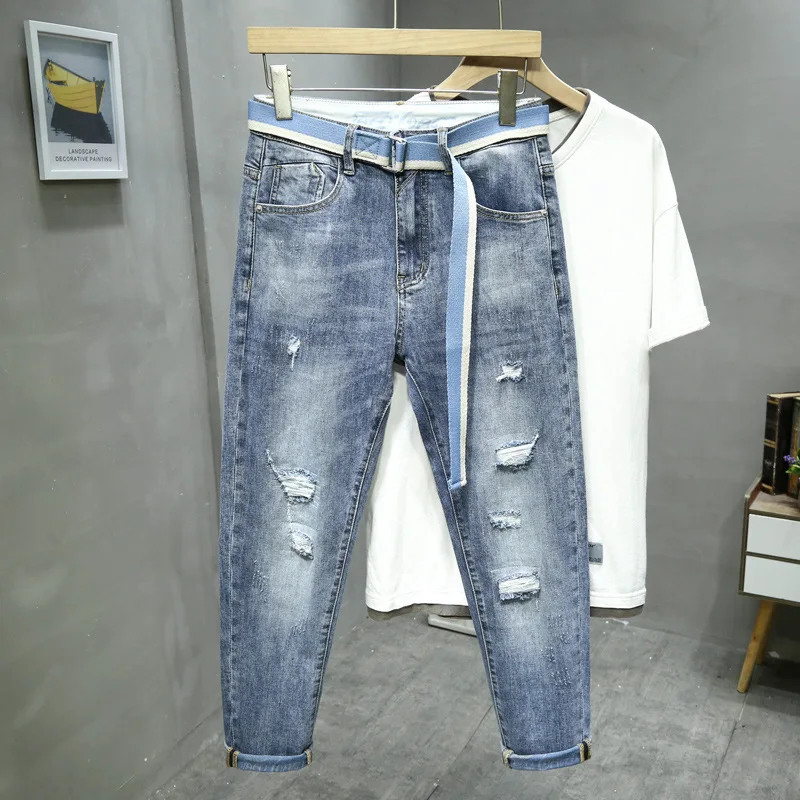 2024 Spring And Summer Light Luxury High-End Men'S Jeans Tide Simple Loose Straight Hole Patch Trend Casual Fashion Slim Denim