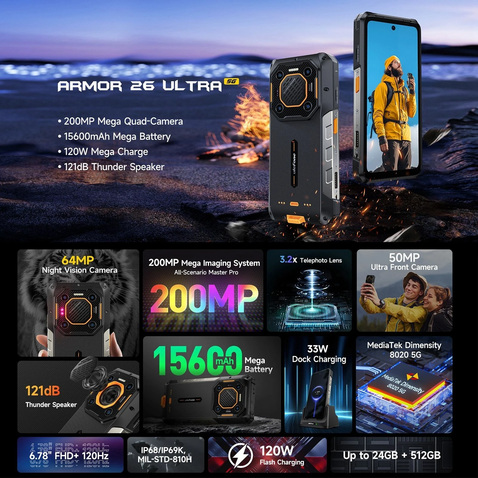 Ulefone Armor 26 Ultra Rugged Smartphone 12GB+512GB, 6.78 inch Android 13 MediaTek Dimensity 8020 15600mAh 200MP Camera 5G NFC
