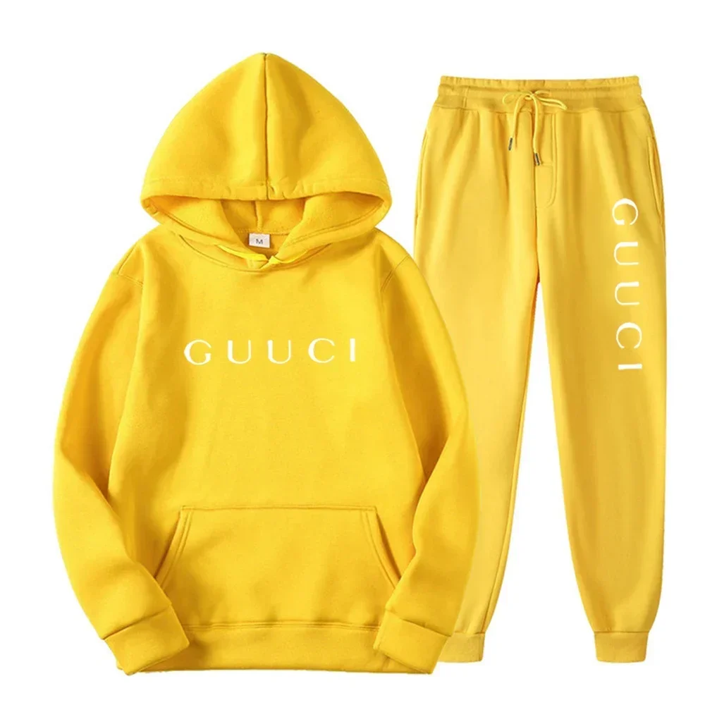 Man wearing autumn streetwear jogging set in urban outdoor setting dark yellow