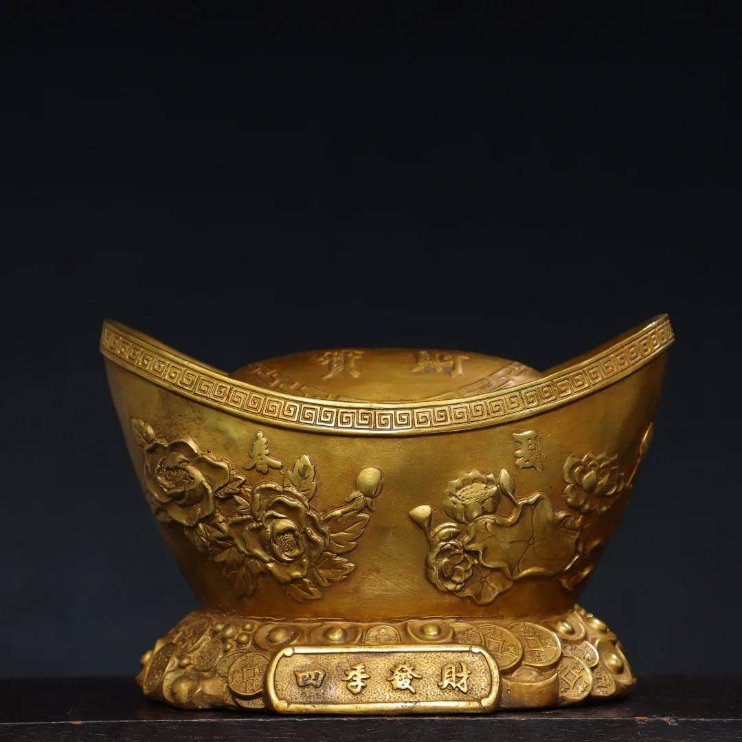 

11"Tibet Temple Collection Old Bronze Cinnabar Gilded Rich and noble flower texture Four Seasons Wealth Treasure Coin ingots
