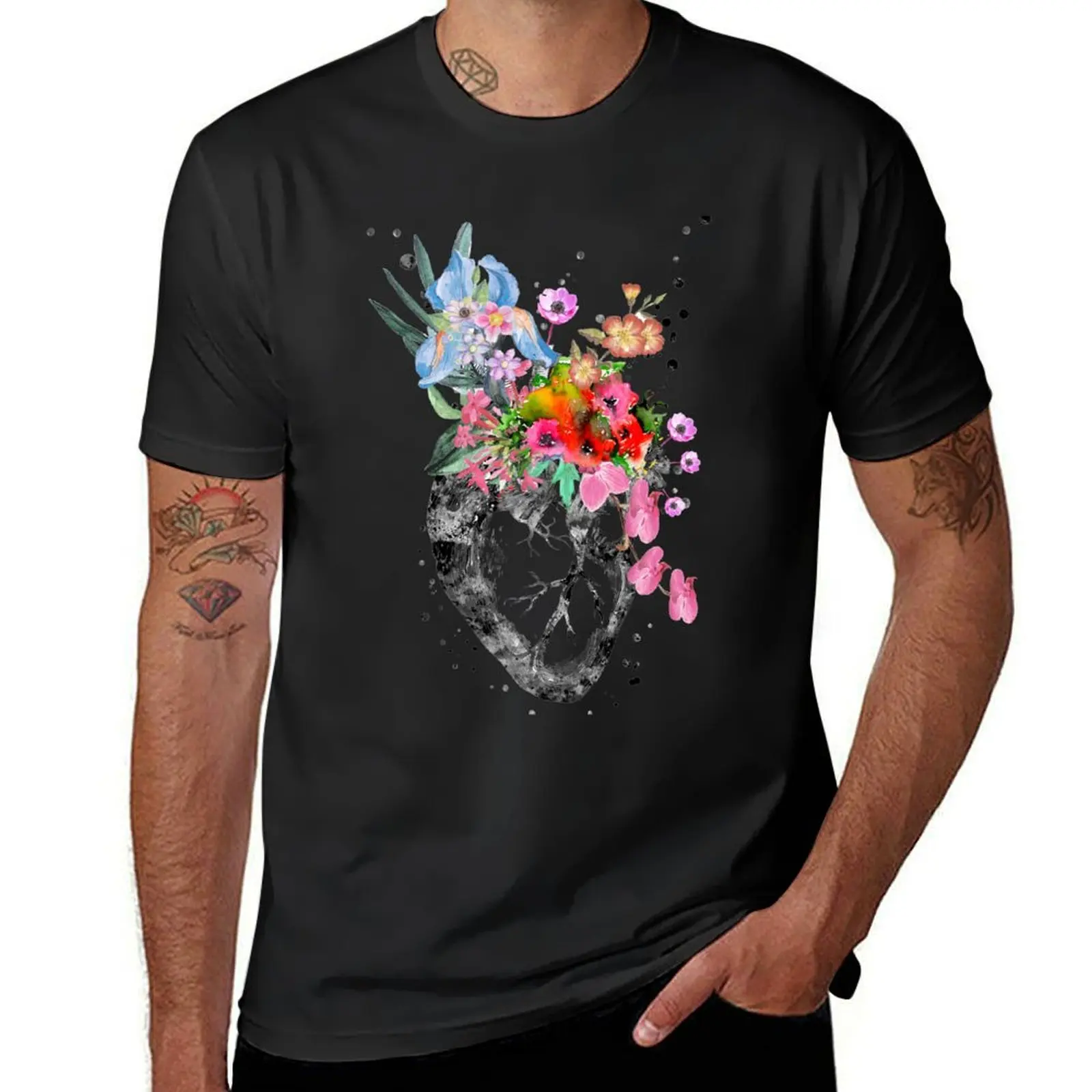 Anatomical heart with flowers, heart T-Shirt kawaii clothes blanks boys animal print T-shirts for men cotton