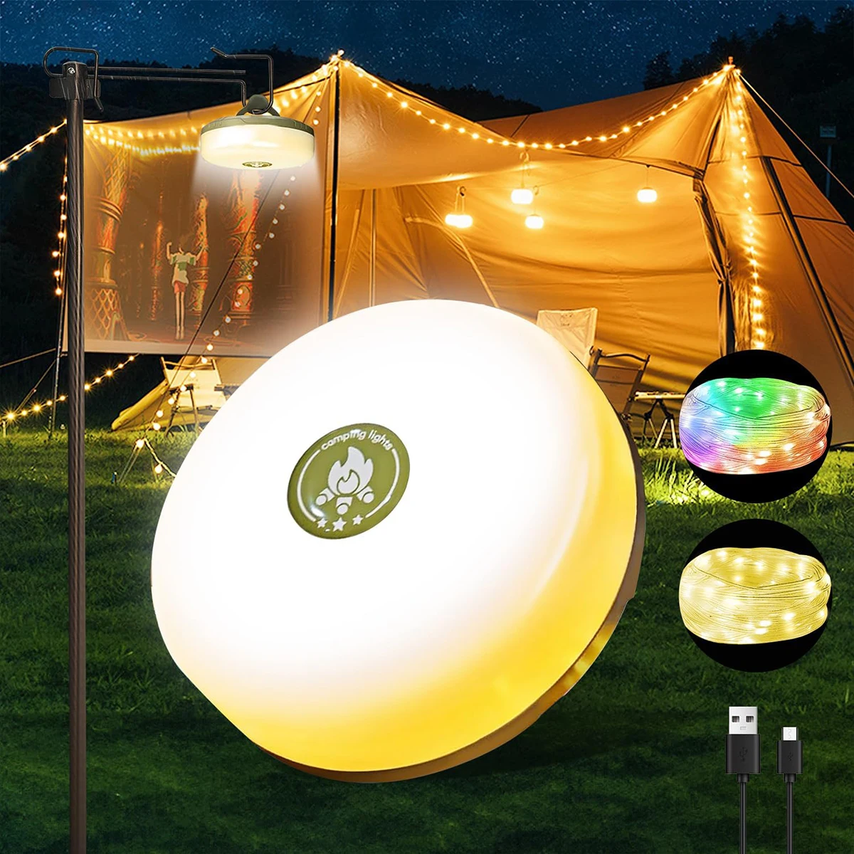Camping String Light 10M 3-in-1 Tent Light Rechargeable RGB&Warm 8 Mode Outdoor/Indoor Hanging LED Fairy For Camping