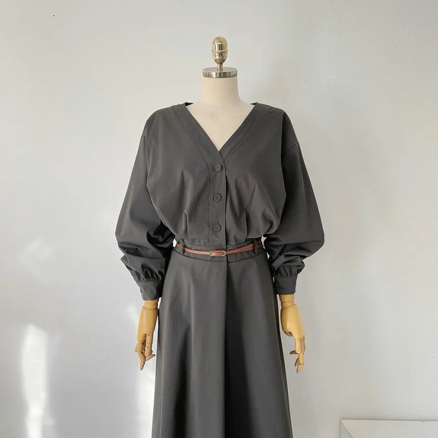 Korean Fashion V-neck Midi Dresses for Women with Belt Long Sleeve A-line Office Lady Autumn New Elegant Solid Female Clothing