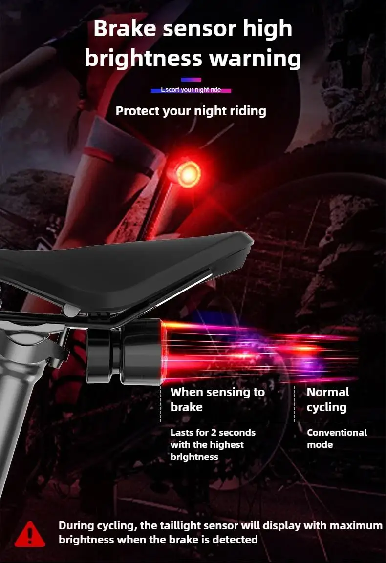 Smart Brake Sensing Light Colorful Bicycle Rear Light LED Night Safety Warning Light Type-C Rechargeable Bike Accessories
