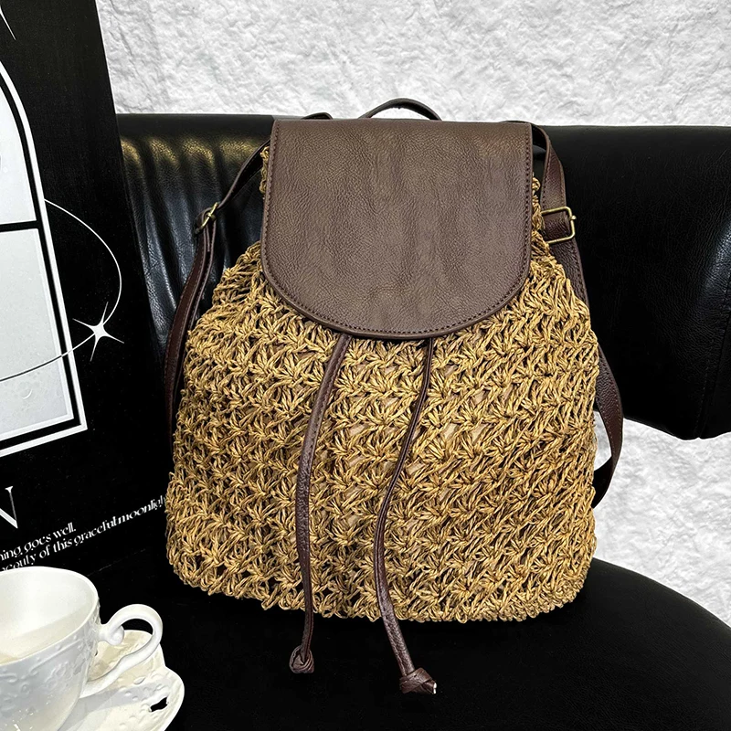 Women's Summer Boho Straw Backpack Hollow Shoulder Hobo Bag Crochet Woven Travel Beach Knitted Bag