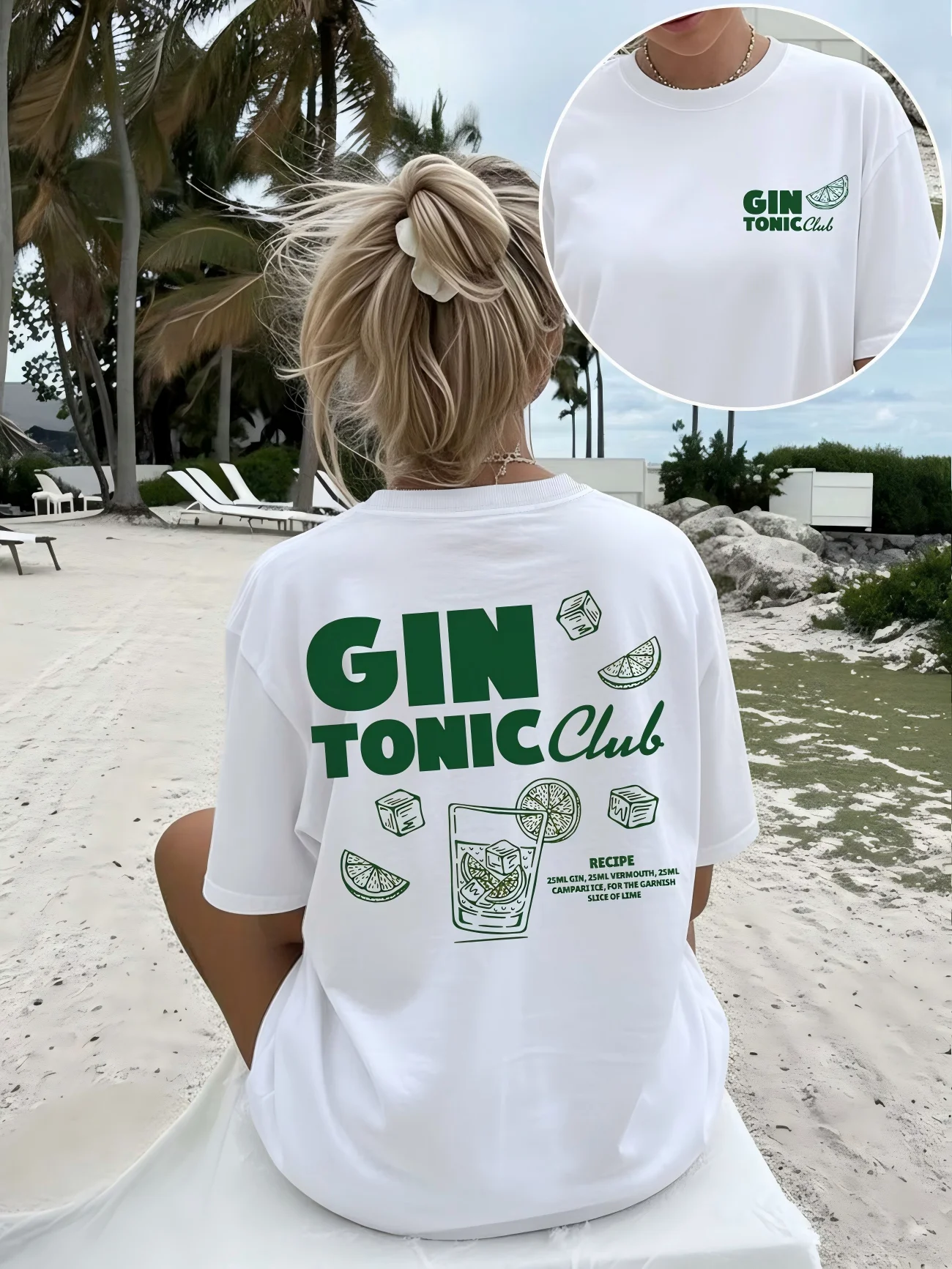 Sommer-Strand-T-Shirt für Damen, Gin Tonic Club, Grafikdruck, lässiges Kurzarm-Oberteil mit Rundhalsausschnitt, Urlaubsbekleidung