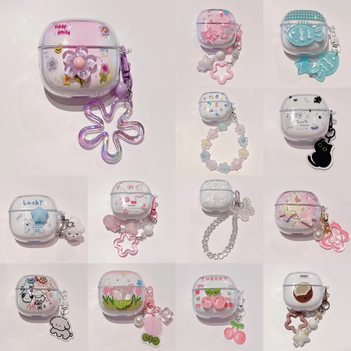 Adorable Clear TPU Earphone Case with Chain Keychain and Cartoon Flower Bear Design