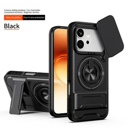 Shockproof Armor Slide Lens Case with Magsafe Magnetic Wireless Charging and Ring Holder - Honor 600 Pro (Black)