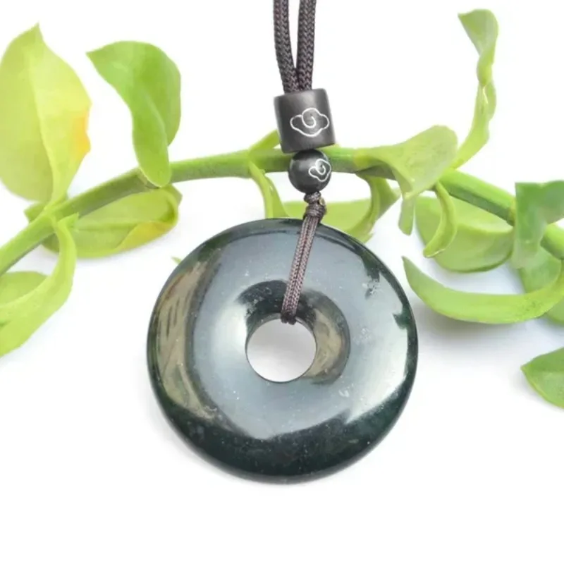 Natural Black Green Jade Doughnut Pendant Necklace Hetian Stone Carved Chinese Jadeite Jewelry Charm Amulet Gifts for Women Men