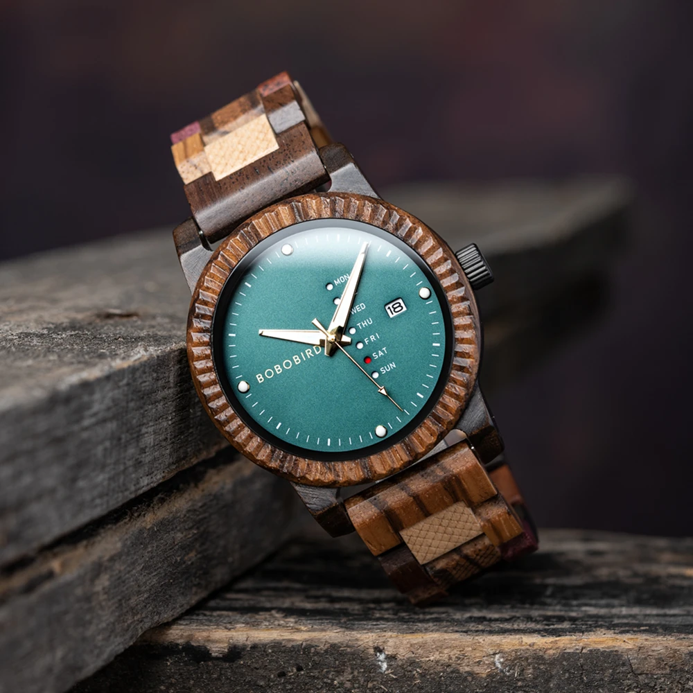 Customized Men's Watch BOBO BIRD Wooden Quartz Watch Week & Date Display With Wooden Gift Box Dropshipping