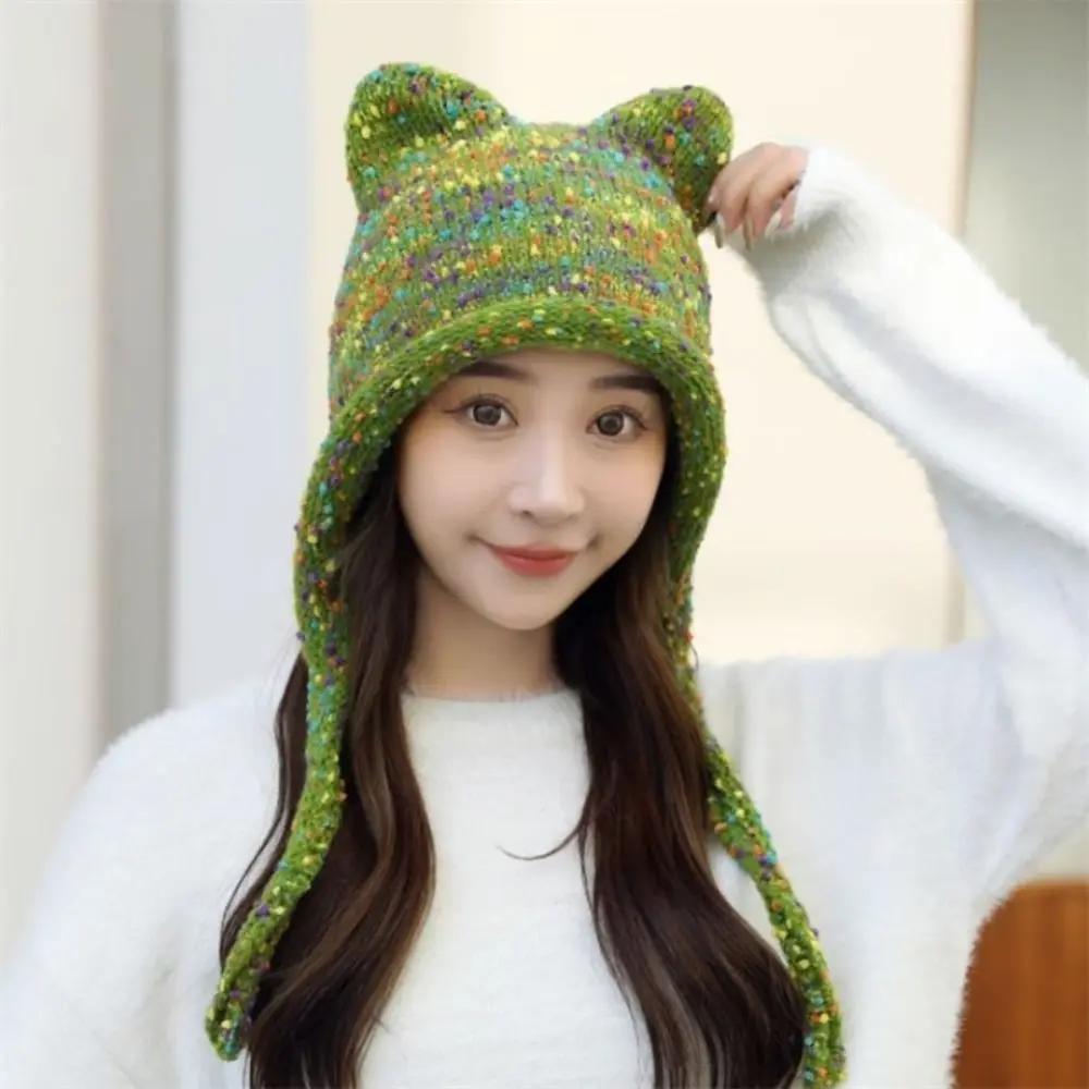 

Cat Ear Knitted Cap Sweet Japanese Niche Y2K Ear Protection Hat Winter Autumn Beanie Hat Women