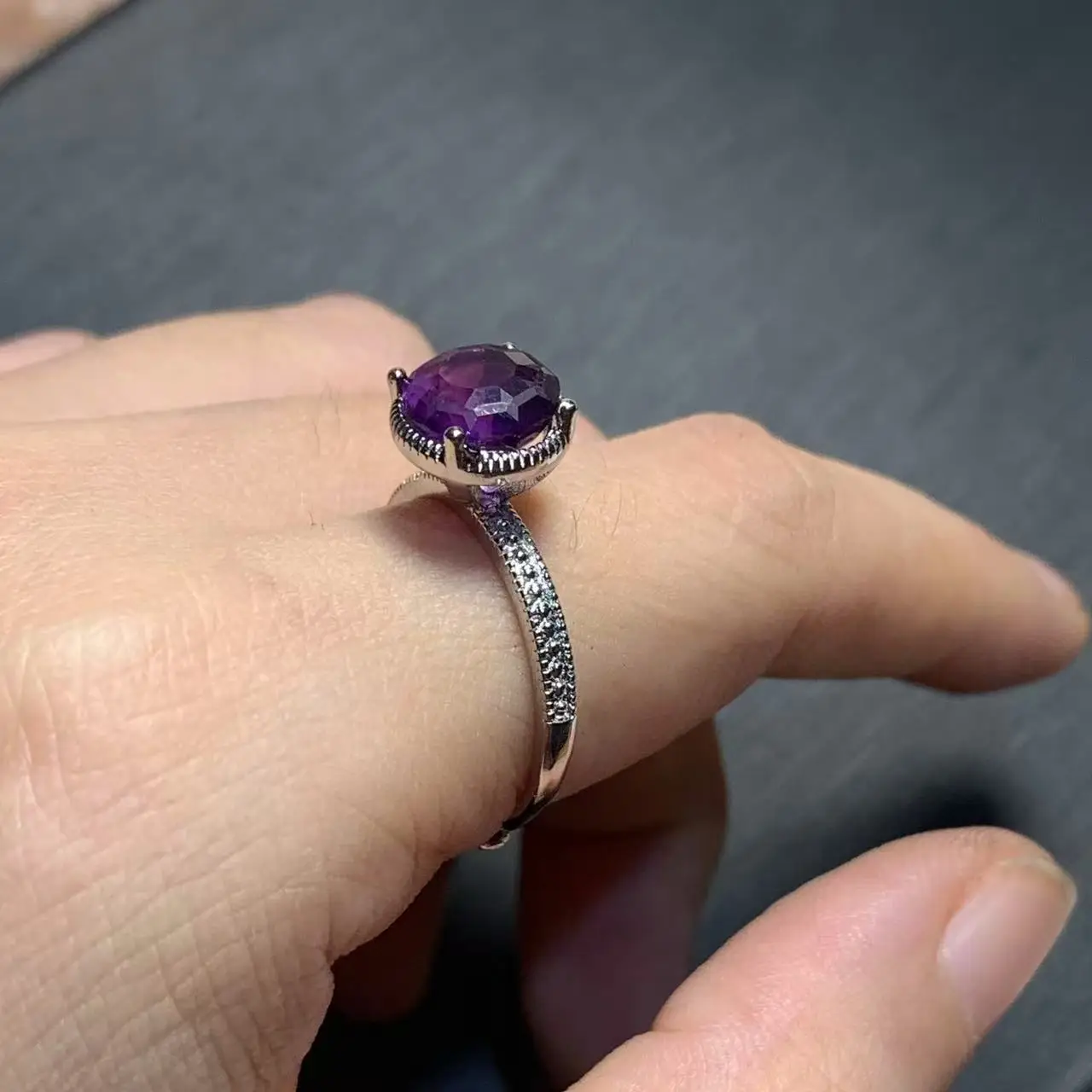 ROUND Natural Amethyst Ring Stone Female Handmade Rings Jewelry for Women Gift Purple Flower