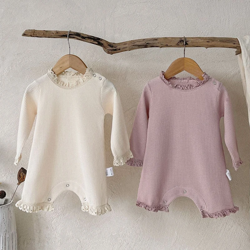 

Autumn Newborn Kids Baby Girls Long Sleeve Solid Color Jumpsuits +Hat Sweet Spring Infant Baby Girls Lace Rompers Clothes