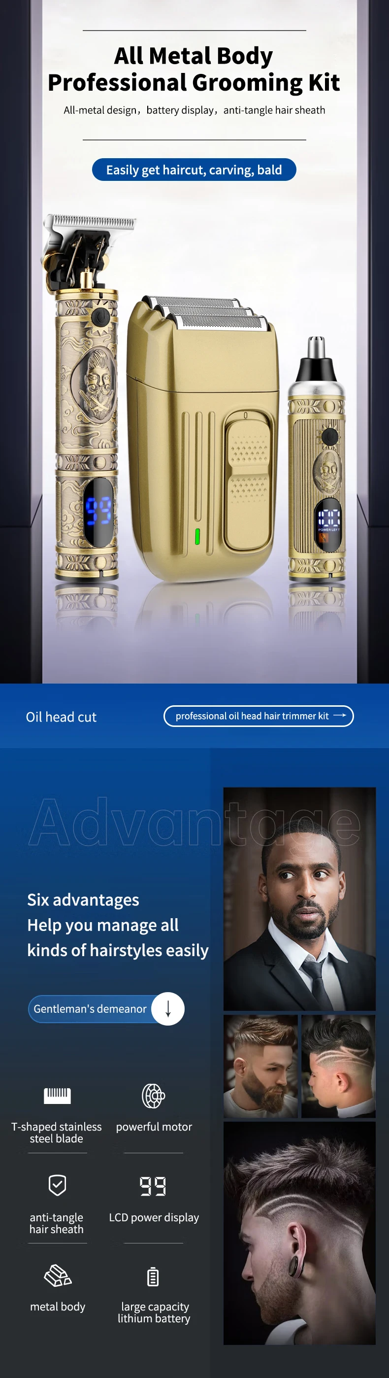 Description Picture 2 of itemLobemoky 2024 3 in 1 Professional Barber Hair Clipper Set Rechargeable Electric Finish Cutting Machine Beard Trimmer Shaver set