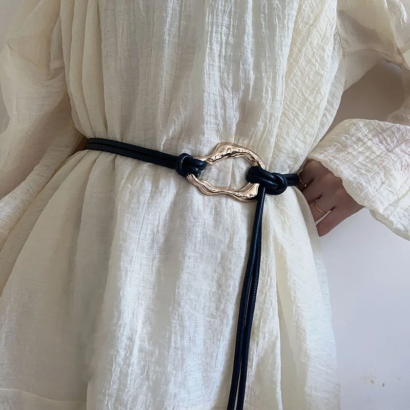 Elegant Women's Leather Rope Knotted Belt with Metal Buckle - Stylish Skinny Waistband Accessory