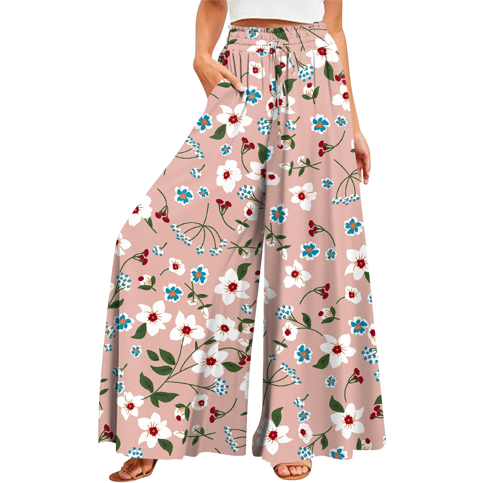 

Women's Summer Wide Leg Pants High Waisted Flowing Pockets Fashion Casual Casual Bohemian Printed Beach Pants traf y2k 2024