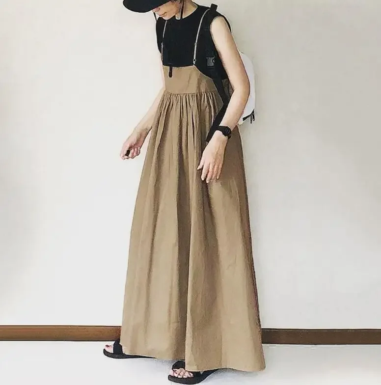 

Japanese Style Loose Pleated Suspender Dress 2023 Summer New Pleated Adjustable Suspender Dress Vintage Y2k Long Dresses