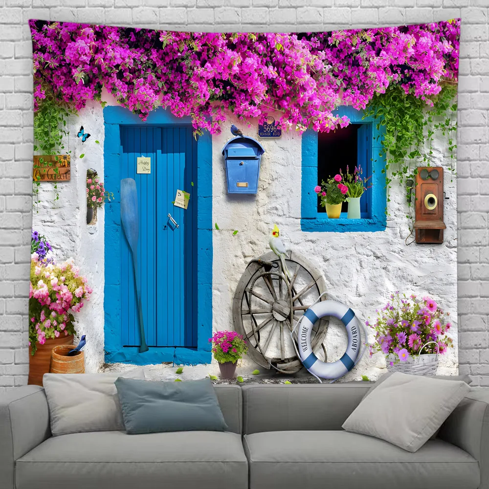 Greece Town Hippie Tapestry Spring Flower Street Tapestry Home Courtyard Patio Wall Hanging Art Living Room Mural