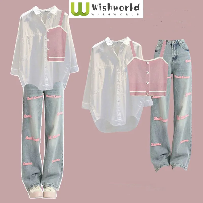 Spliced Suspender Vest Sunscreen Chiffon Shirt Blouse Jeans Three Piece Set of Elegant Women's Pants Casual Outfits Clothing