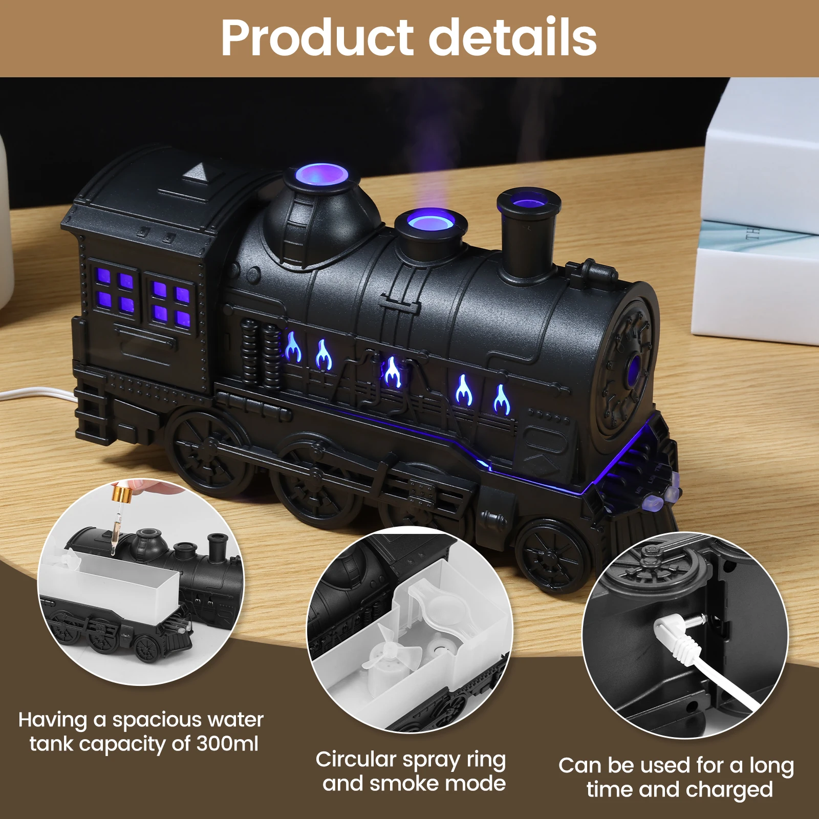 Mini Humidifier 2 Spray/Light Modes Essential Oil Diffuser 300ml Quiet Retro Train Shape Humidifier with Auto Shut Off Function