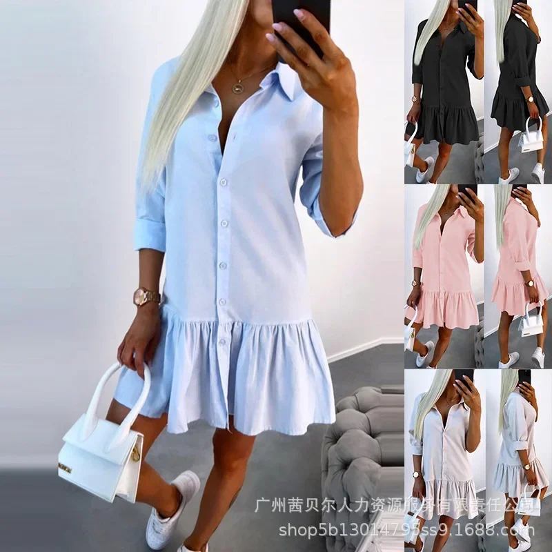 

Autumn New 2023 Solid Color Ruffled Casual Shirt Dress for Women
