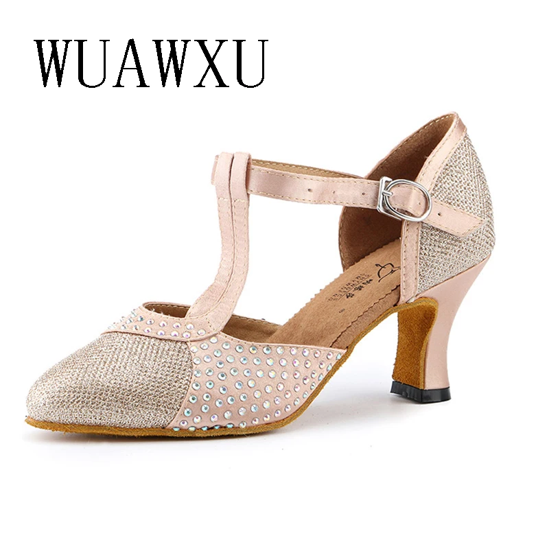 NATASHA2023 Pointed Dance Shoes for Women Adult Soft Sole with Diamond Satin and Silver Black Shine Modern Double Dance Social D