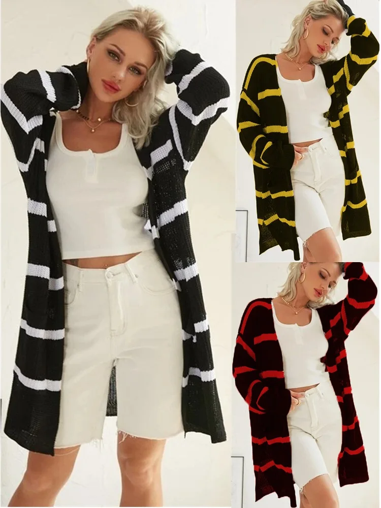

Cardigan Sweater Women New Fall/winter Winter V-neck Long-sleeved Striped Sweater Knitted Cardigan Coat W104