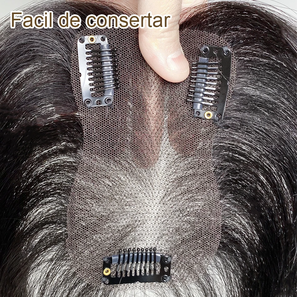 Topper per capelli umani veri al 100% con frangia, base in seta, 3 clip, capelli lisci castani per donna, extension per capelli - immagine 5