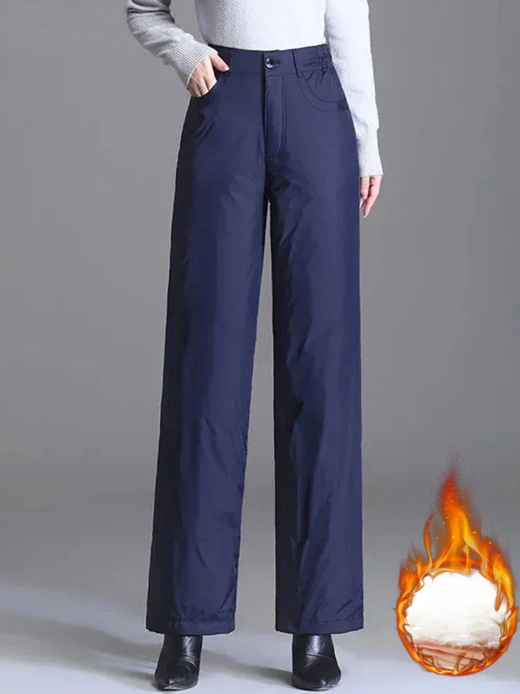 Winter High Waist Women Down Cotton Wide Leg Pants Causal Thicken Fluffy Baggy Pantalones Snow Warm Windproof Straight Spodnie