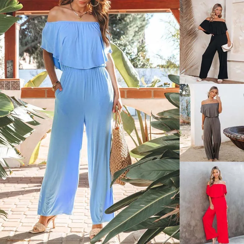 

2022 Summer Autumn Women New One Shoulder Long Sleeves Fashion Chiffon Jumpsuit Casual Solid Color Elegant Slim Holiday Jumpsuit