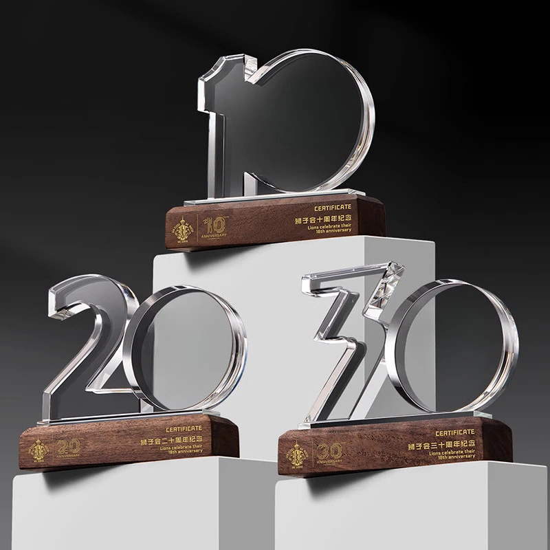 Customized Digital Year Anniversary Solid Wood Base Crystal Trophy, Company Annual Meeting Award Commemorations, Home Decor, 1Pc