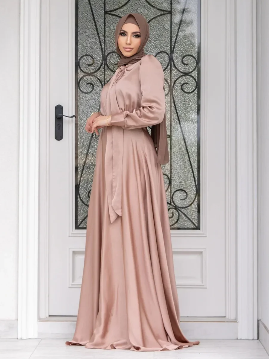 Modest Dubai Abaya Hijab Islam Ramadan Robe Femme Kaftan Formal Evening Maxi Dresses Muslim Fashion Women Satin Prom Long Dress