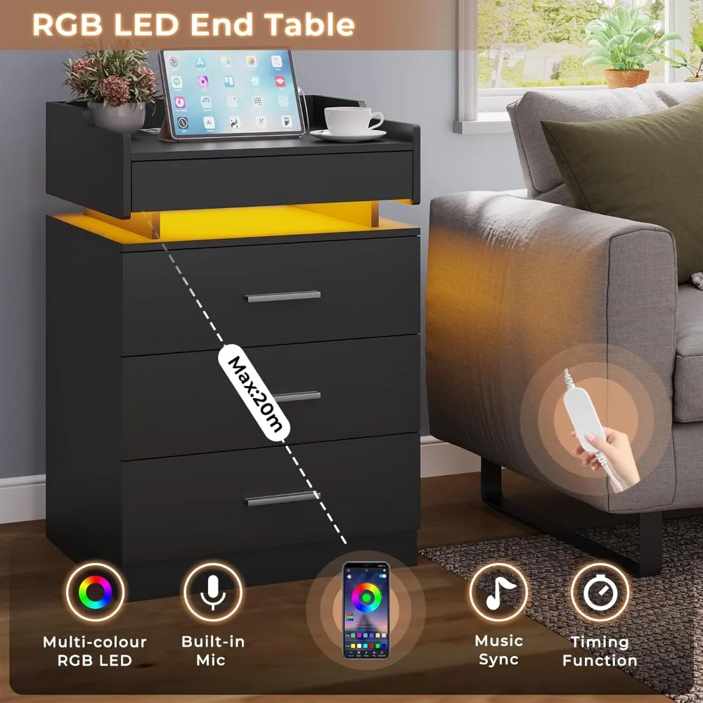 Black Nightstand Set of ,LED Night Stand with Charging Station & Pull-Out Tray,Bedside Table with Drawers, 3